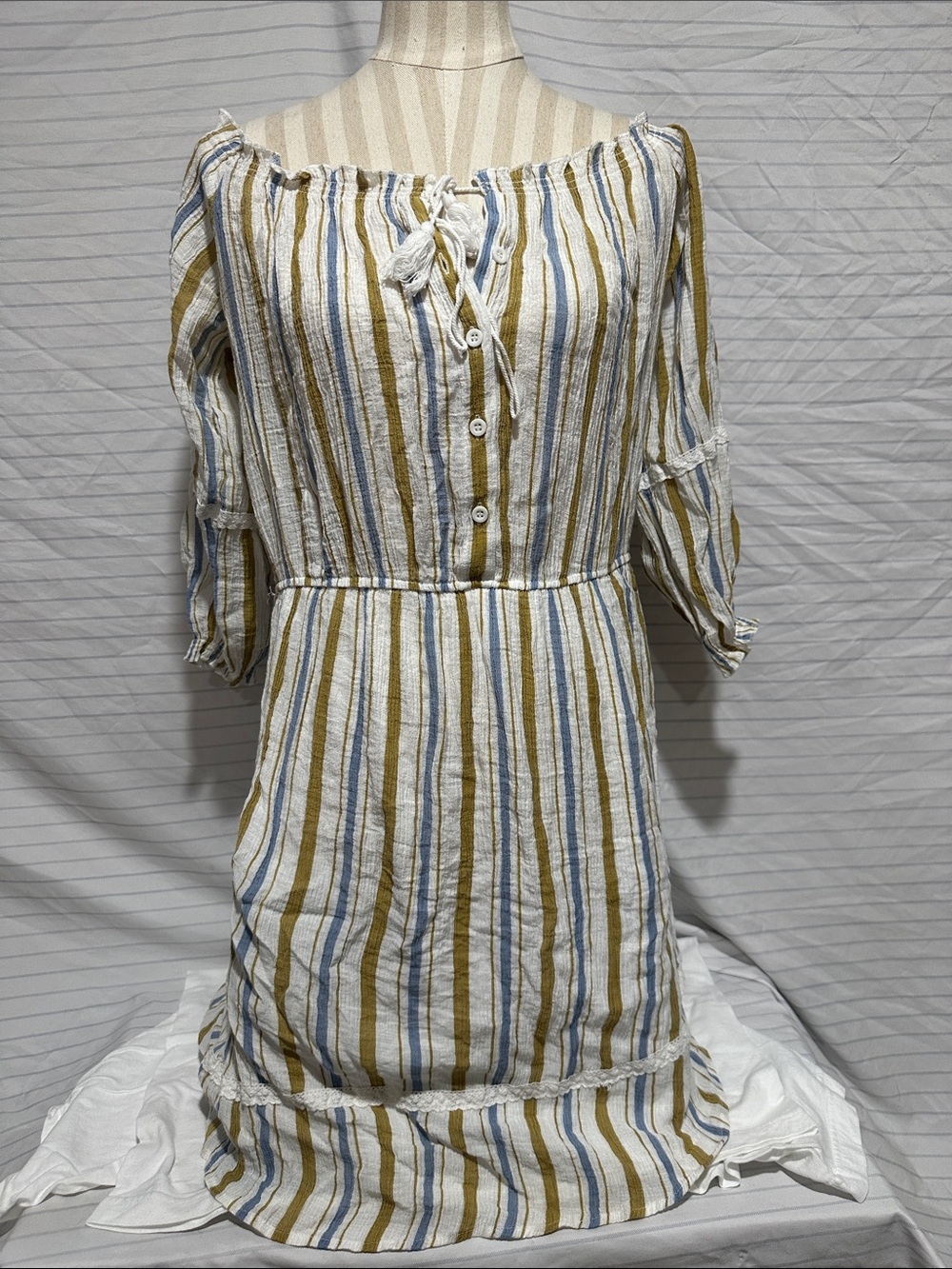 Striped Off-Shoulder White, Blue & Olive dress